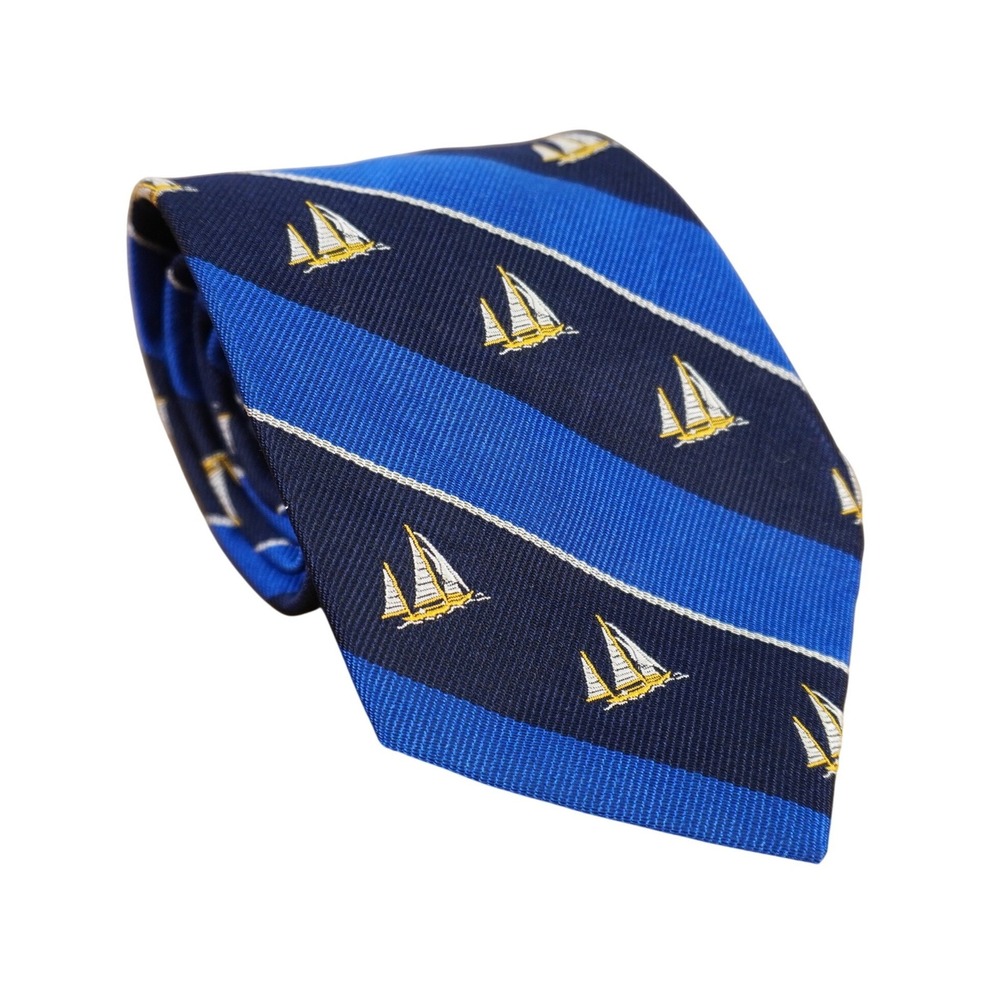 Polo Ralph Lauren Necktie Kids Blue Sailboat Nautical Silk Stripe Preppy Italy
